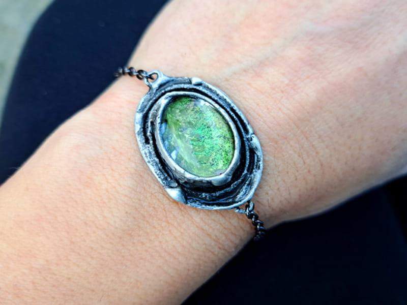 Leśna bransoletka z mchem i paprocią (oprawa w kolorze ciemnego srebra)