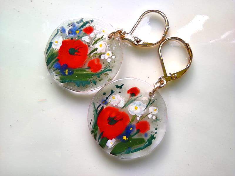 Malowane kolczyki z makami i polnymi kwiatami (na biglach ze stali chirurgicznej w kolorze złotym)