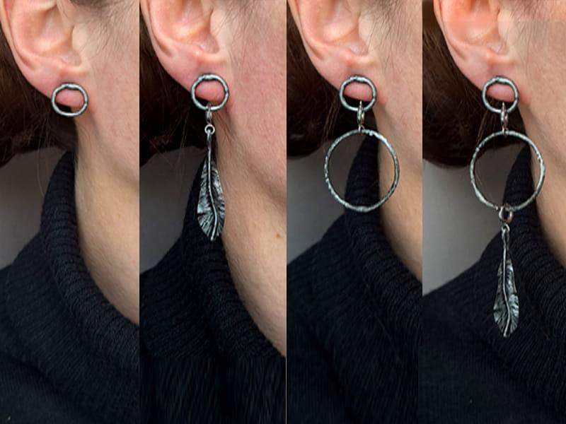 Modułowe kolczyki 4 w 1 (w kolorze ciemnego srebra ze sztyftami i zatyczkami  ze stali chirurgicznej)