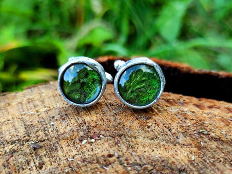 Spinki do mankietów z mchem i paprocią (oprawa w kolorze ciemnego srebra)