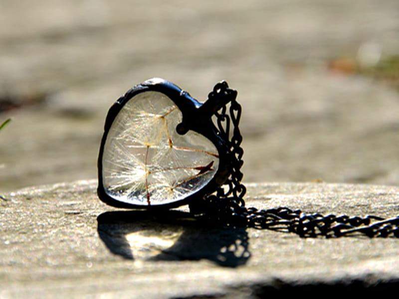 Ulotny niewielki naszyjnik z dmuchawcami w sercu (w kolorze ciemnego srebra)